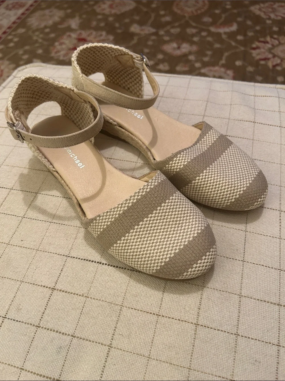 Eric Michael Striped Ankle-Strap Espadrilles in Taupe and Cream